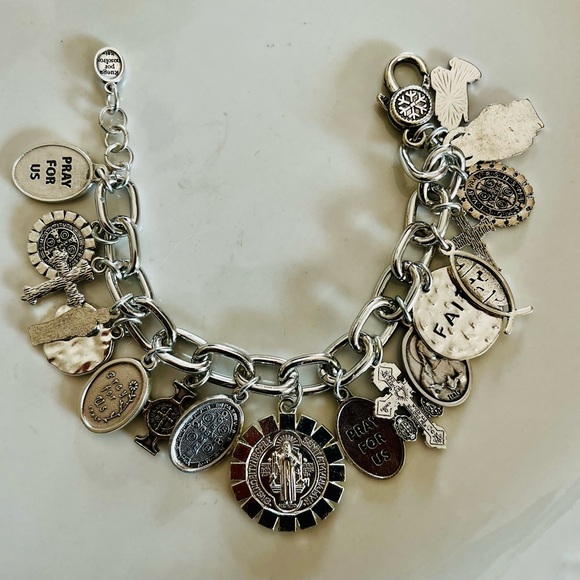 Charm Bracelet St Benedict, Saints & Crosses Silver Tone Catholic Charm Bracelet - Picture 7 of 12
